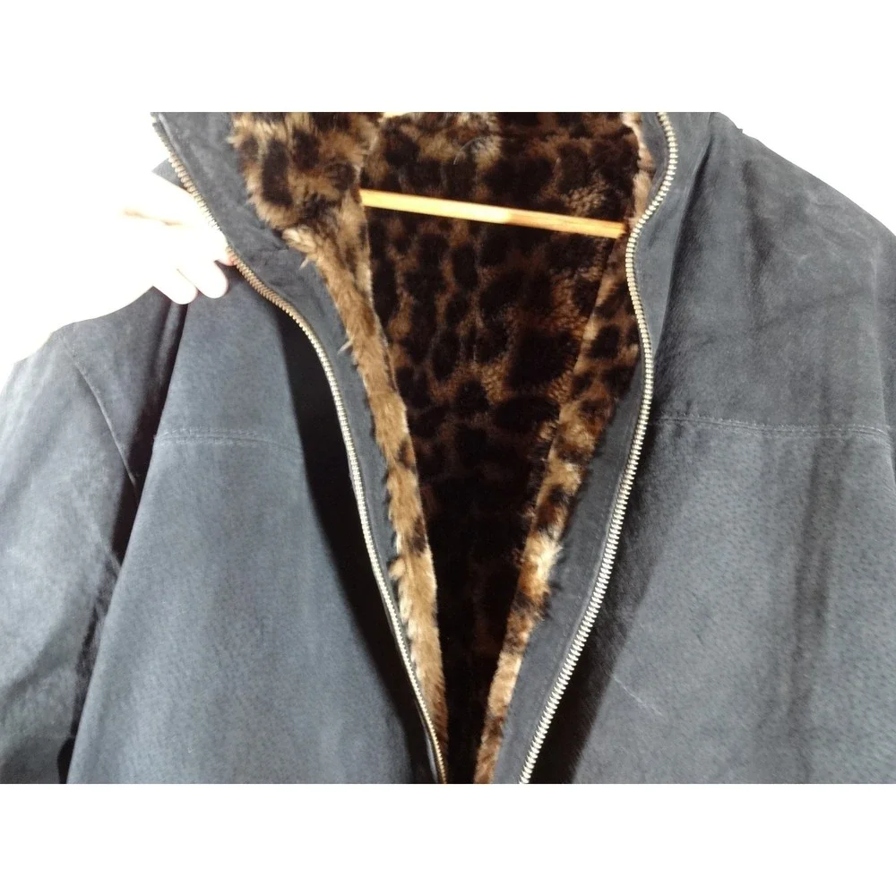 VTG Basic Editions Faux Fur Coat XL/2XL Brown‎ Leopard Print Y2K Zip Up Reverse